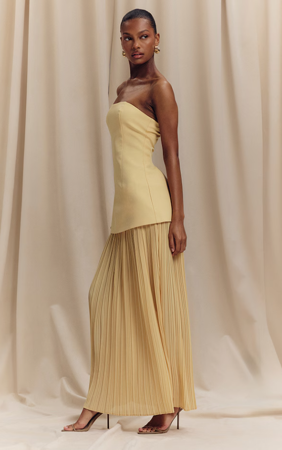Narrsi Lemon Bandeau Pleated Skirt Panel Maxi Dress